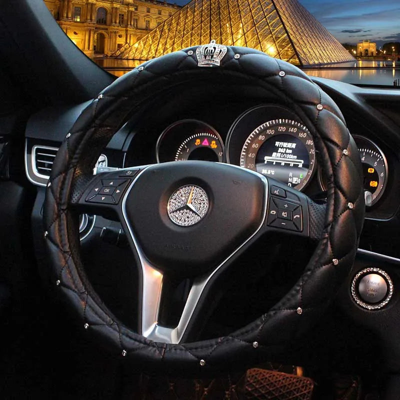 Crown Car Interior Accessories for Women Leather Steering Wheel Covers Tiessue Box Neck Lumbar Pillows Seatbelt Shifter Sets