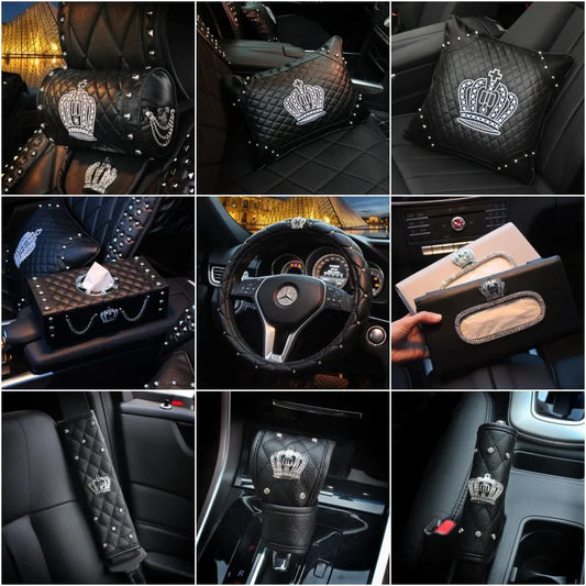 Crown Car Interior Accessories for Women Leather Steering Wheel Covers Tiessue Box Neck Lumbar Pillows Seatbelt Shifter Sets