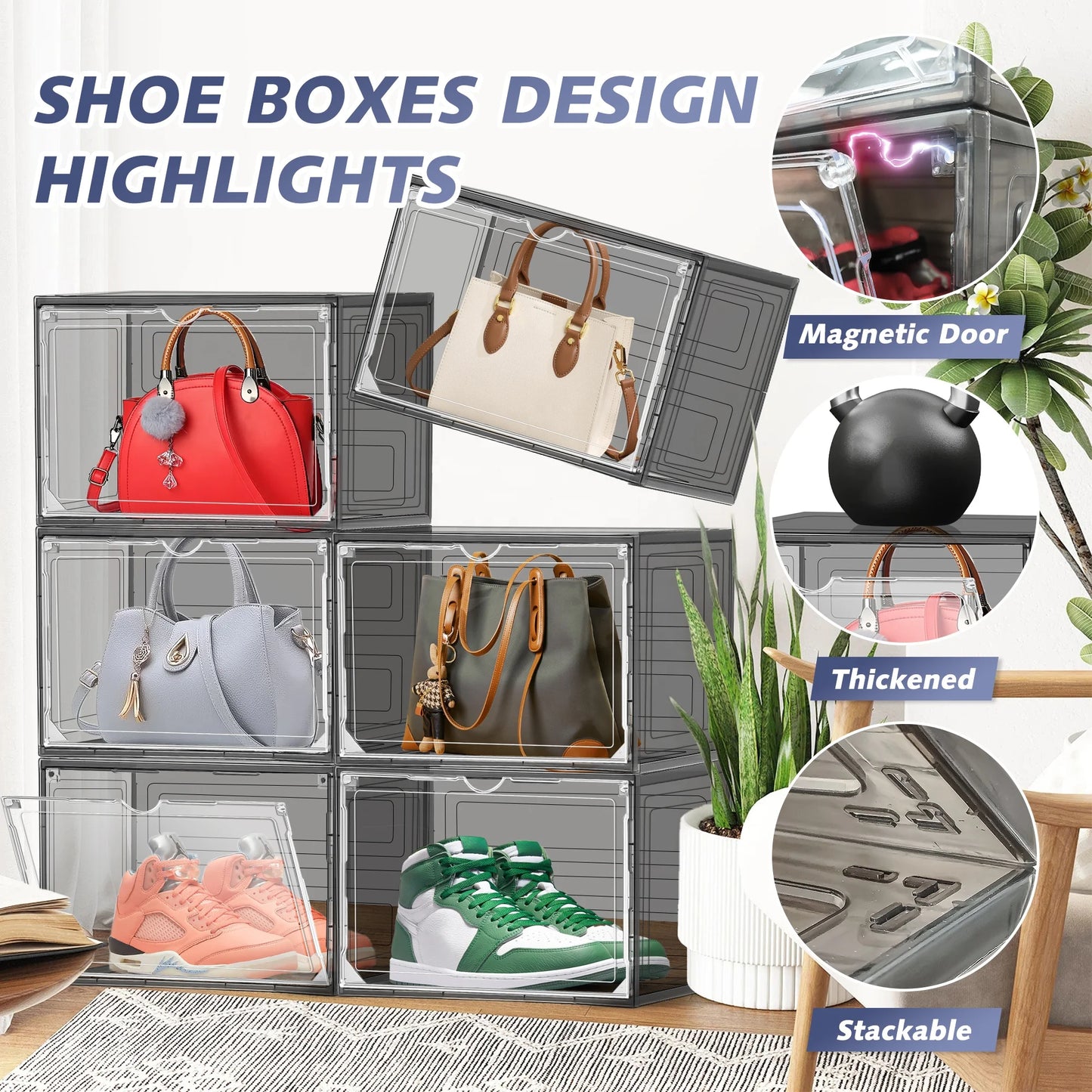 DAYOOH Custom Dust-proof Magnetic Sneaker Shoe Organizer Side Open Transparent Stackable Foldable Plastic Shoe Box