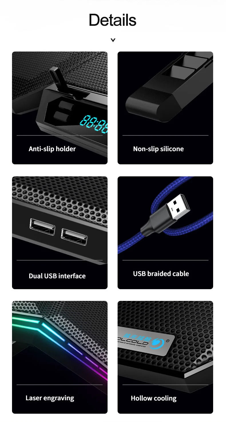 Coolcold Gaming RGB Laptop Cooler 12-17 Inch Led Screen Laptop Cooling Pad Notebook Cooler Stand With Six Fan And 2 USB Ports