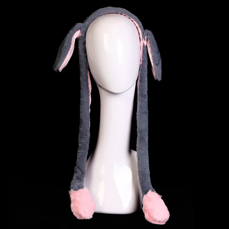 Rabbit Hat With Moving Ears Cute Plush Bunny Hair Band Funny Headband- Ears Popping Up When Pressing The Paws For Kids Adults