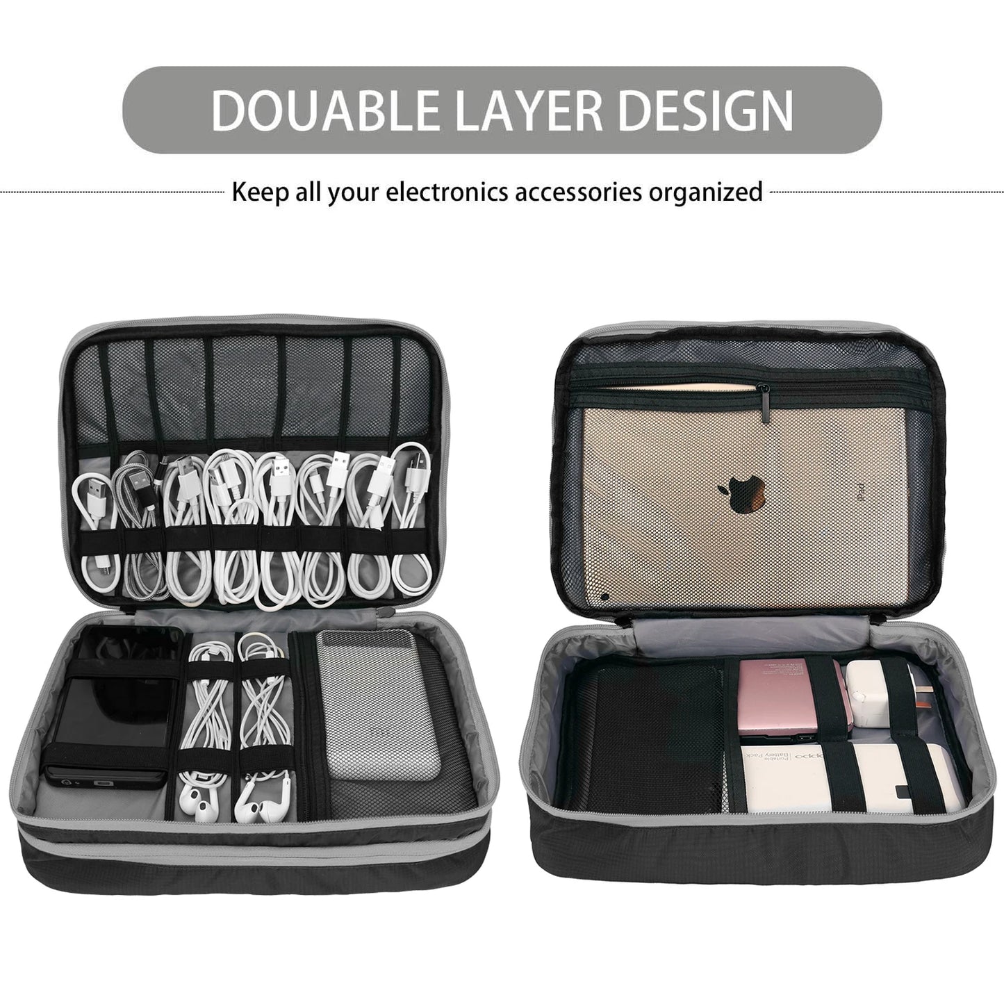 Double Layers Large Capacity Travel Electronic Accessories Organizer Bag, Travel Gadget Carry Case, Fit for iPad,iPhone,Cables