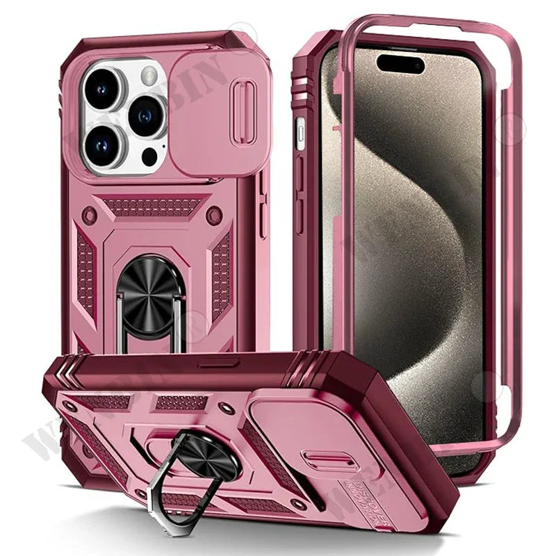 Case For iPhone 17 Pro Max 16 15 14 13 Pro Max 16E Heavy Duty With Camera 360 Degree Kickstand Cover Capa Fundas