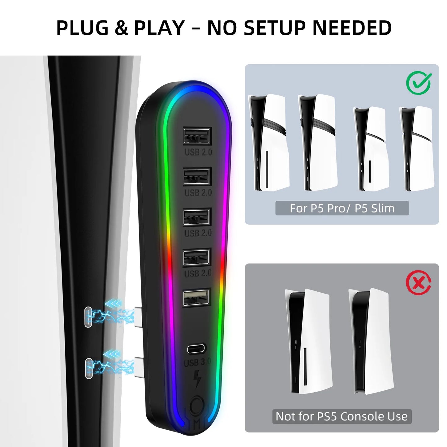 6 Ports USB Hub Splitter Expander Hub Charger Controller Splitter Expansion Adapter RGB lighting with 5 modes For PS5 Slim/Pro