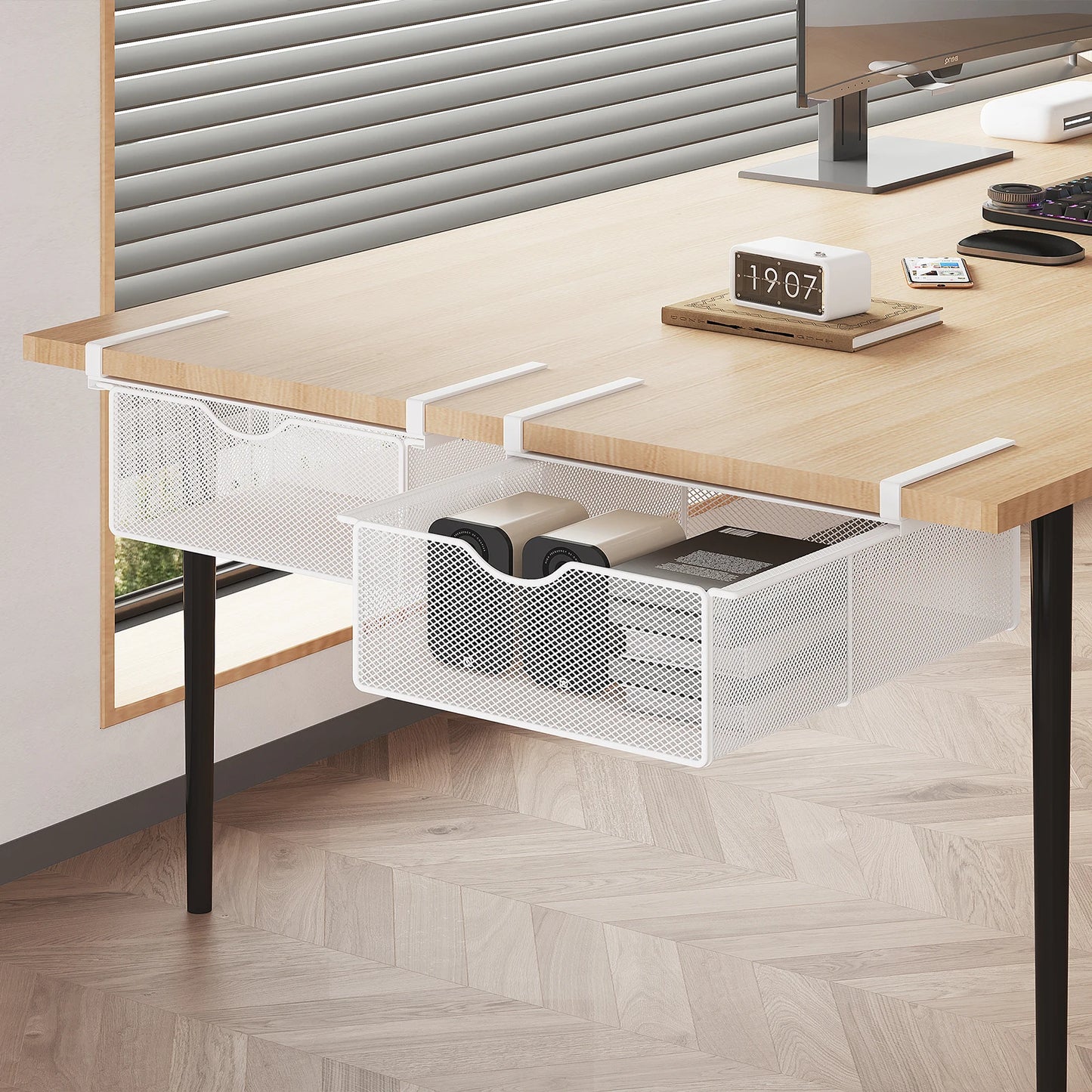 Under-Desk Drawer with Rod, Invisible Storage Box under the Desk, Workstation Transformation Tool, Student Desk Side Shelf