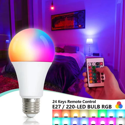 16 Colors RGB Bulb LED Multicolor Bulb E27 220V Household Lighting Dimmable 24 Key Remote Control Smart Lamp Atmosphere Light