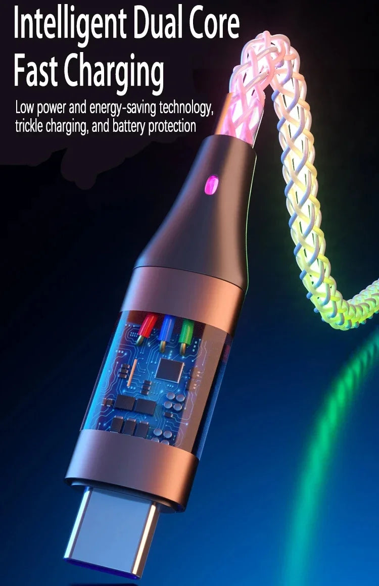 3 in 1 1.2M 6A Super Fast Charging Colorful Light Data Cable Drag Three RGB Breathing Gradient Car Charging Cable USB Universal