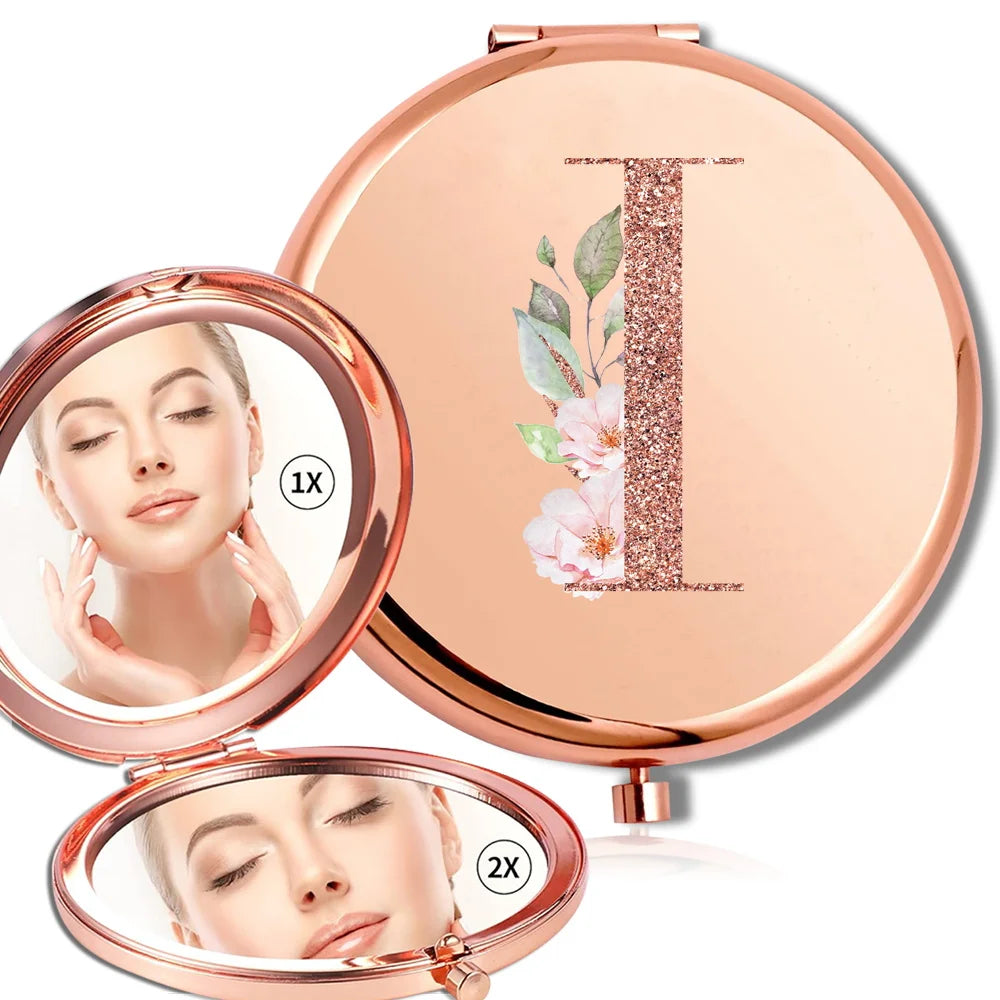 Magnifying Makeup Round Mirror Double Sided Metal Cosmetic Portable Look Glass Compact Handheld Mirror Rose Gold Letter Pattern