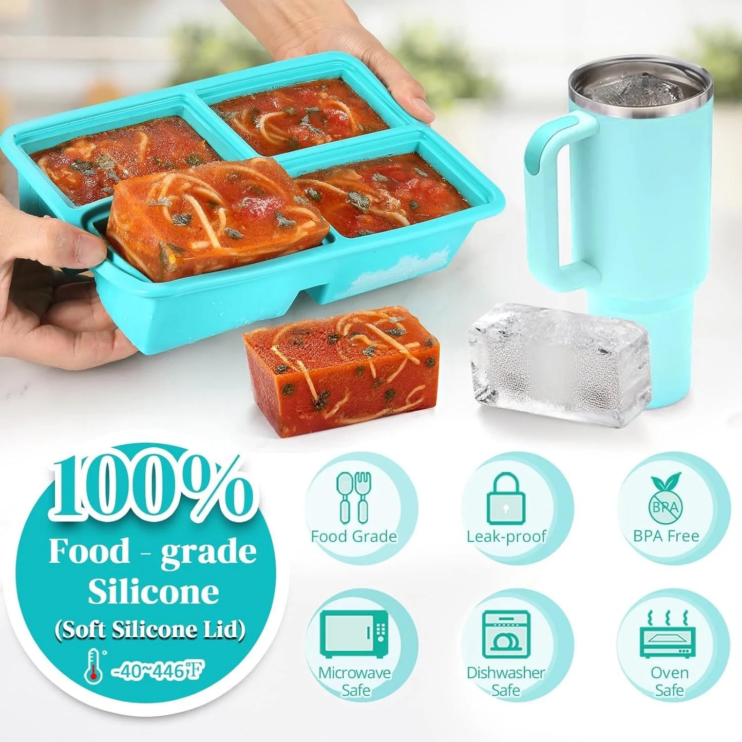 Silicone freezer tray with lid, 1 cup soup capacity refrigerator ice cube tray oven, suitable for freezing broth and leftovers