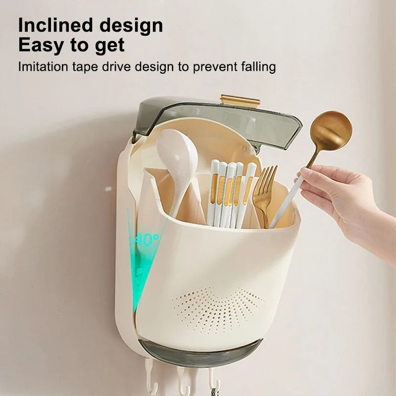 Kitchen Cutlery Storage Box Wall Mount Tableware Storage Holder with Lid Dustproof Spoon and Chopstick Organizer Drain Racks