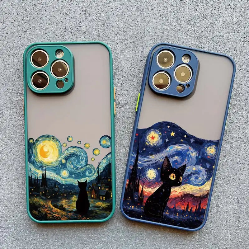 Artistic Black Cat Starry Night Phone Case For iPhone 17 15 14 13 12 11 Pro Max 12 16 Mini XS X XR 14 15 Plus Shockproof Shells