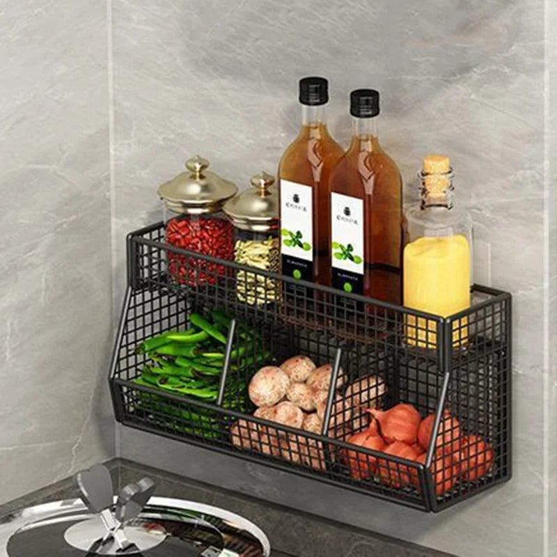Kitchen Wall Mounted Storage Rack Vegetables Fruits Holder Onion Garlic Condiments Spice Double Layer Storage Shelf Organizer