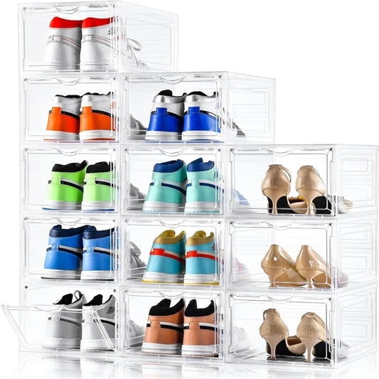 12Pack Clear Stackable Wall-Mounted Shoe Organizer Large Plastic Shoe Cabinet Dust-Proof Magnetic Door Boot & Hat Storage for Me