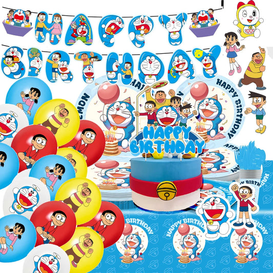 Cute Doraemon series Birthday Party dinnerware Disposable Banner Cake Topper Hanging Flag Doraemon Balloons Birthday Decoration