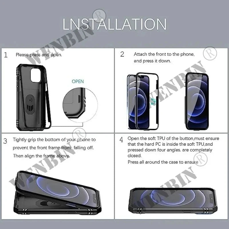 Case For iPhone 17 Pro Max 16 15 14 13 Pro Max 16E Heavy Duty With Camera 360 Degree Kickstand Cover Capa Fundas