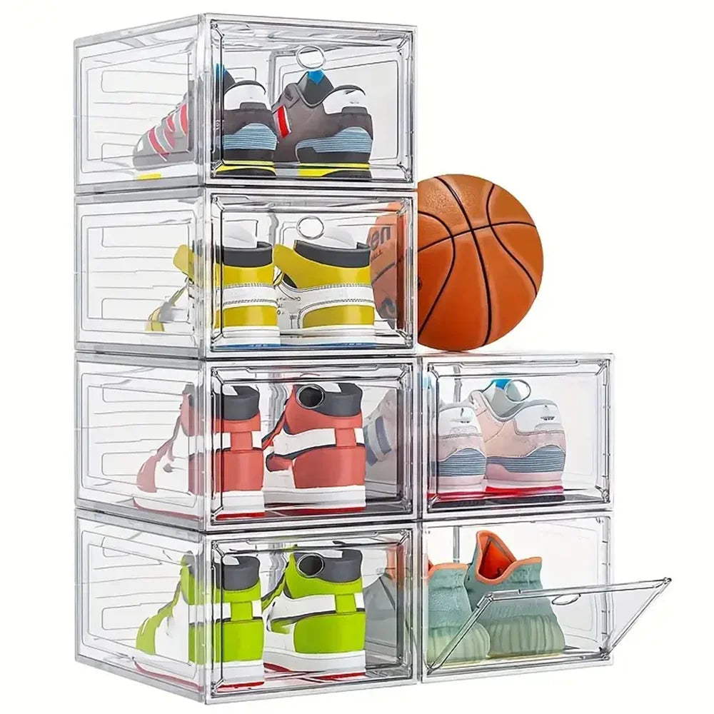 6 Pack Large Plastic Shoe Storage Boxes Stackable Magnetic Door Dustproof Organizer for Men/Women Sports Shoes up to Size 13