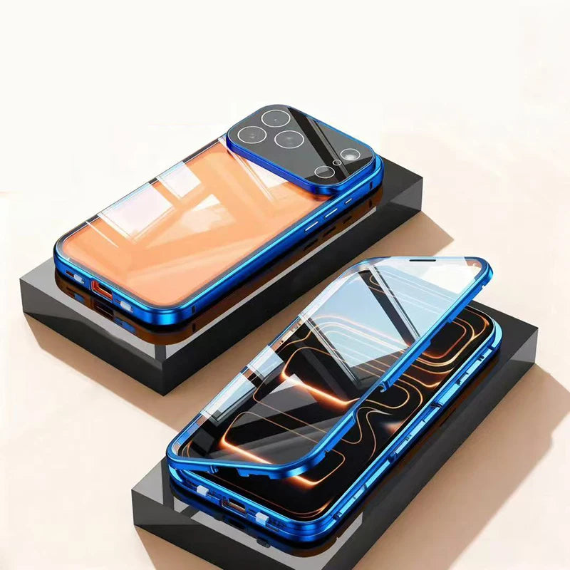 Double Sided Buckle Magnetic Glass Case For iPhone 17 16 15 14 13 12 Pro Max Air Mini Plus 360° Full Body Protection Phone Cover