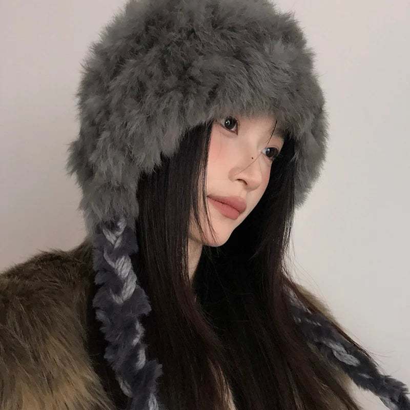 Rabbit Hair Mixed Wool Hat For Women Autumn And Winter Style Thickened And Warm Knitted Hat Cold-Proof And Ear-CoveringEd Hat