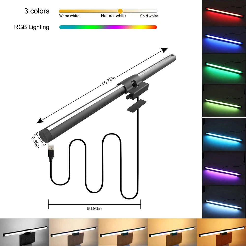 RGB Laptop Screen Hanging Light Bar Stepless Dimming Eye Care Strip Hassle Free Mount Perfect for Gaming Work Study Office