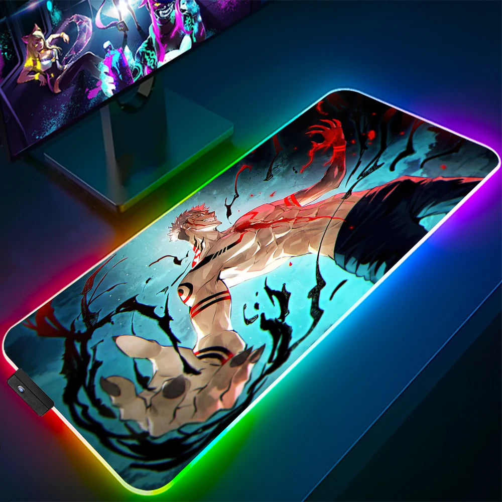 Jujutsu Kaisen Anime RGB Pc Gamer Keyboard Mouse Pad Gojo Satoru Mousepad LED Glowing Mouse Mats Rubber Gaming Computer Mats Xxl