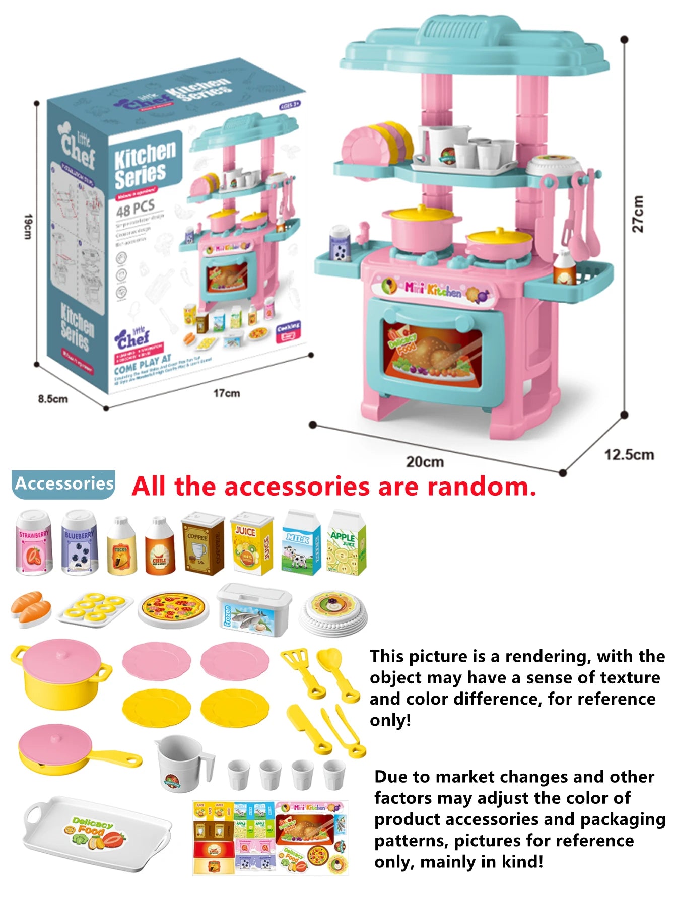 Kitchen Playset Toys, 2 Color Random Play Food Set Accessories Play Sink & Oven, Toddler Kitchen Mini Cutting for Boys and Girls