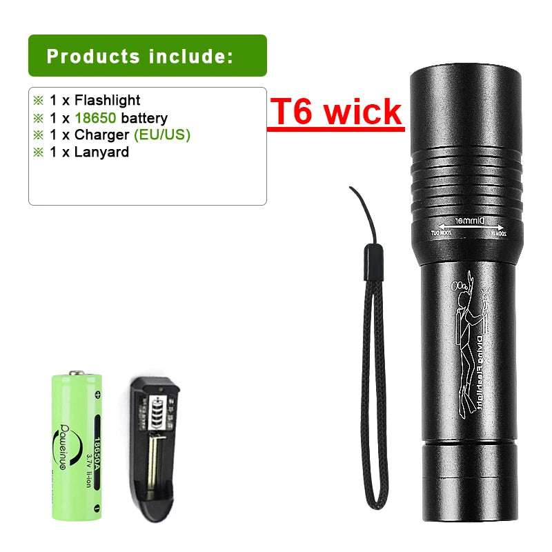Powerful LED Diving Flashlight Zoomable Underwater Torch  Professional Diving 300M Dive Lights IPX8 Waterproof Fishing Lantern