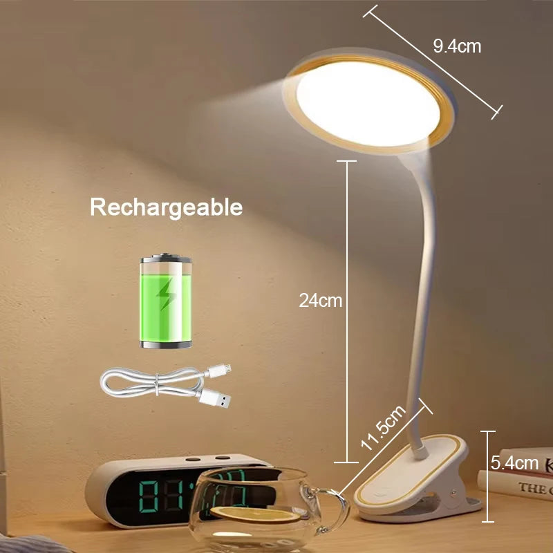 LED Reading Book Light USB Rechargeable Table Lamp With Clip Bedside Reading Light Touch 3 Modes Dimming Eye Protection Lights