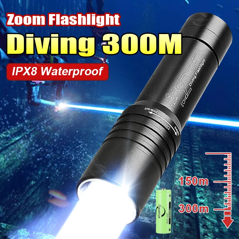 Powerful LED Diving Flashlight Zoomable Underwater Torch  Professional Diving 300M Dive Lights IPX8 Waterproof Fishing Lantern
