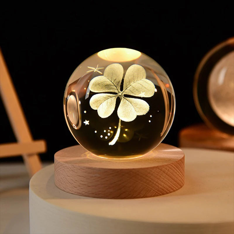3D Crystal Ball LED Warm Night Light Wooden Base Laser Engraved Solar System Globe Galaxy Birthday Gift Home Desktop Decoration