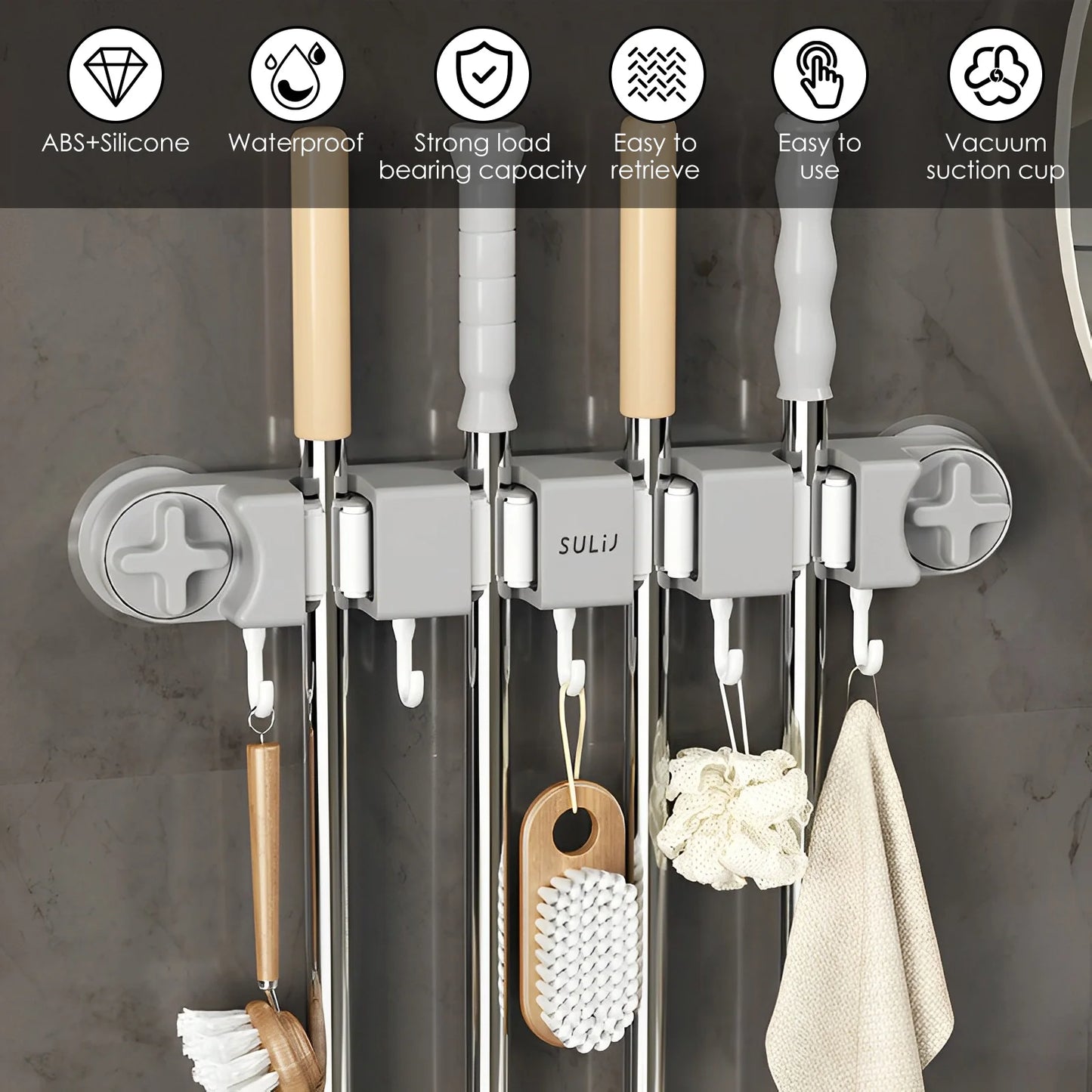 Upgrade Broom Holder Multifunctional Magic Mop Holder With Vacuum Suction Cup Wall-Mounted Broom Drain Bathroom Organizer NEW