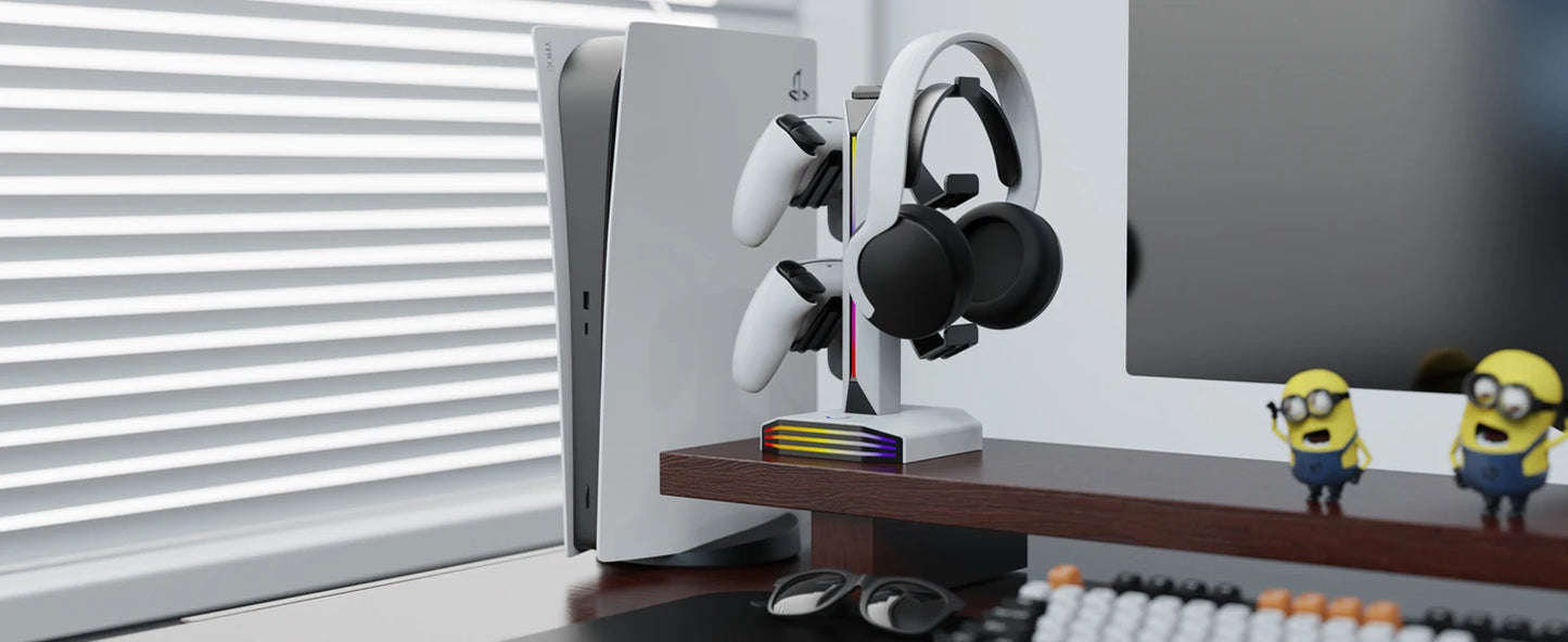 RGB Game Controller Holder Rack with 7 Light Modes, Headphone Stand 2 USB Charging and 1 Type-C for PS5/PS4/Xbox/Switch Pro