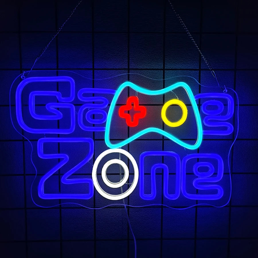 Game Zone Neon Sign, Gamepad Shaped LED Neon Sign for Gamer Room Decor, Game On Neon Sign for Boys Home Decor, 5V USB Powered