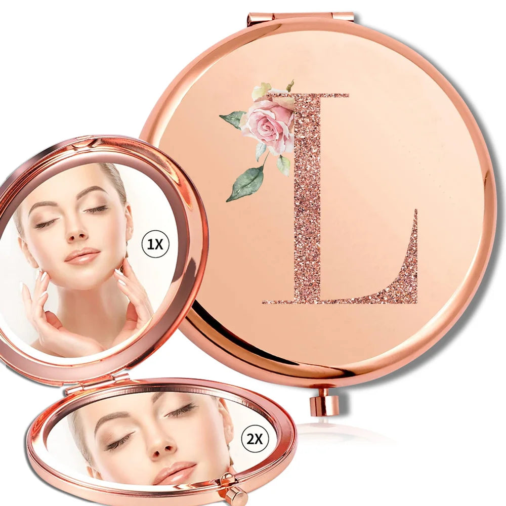 Magnifying Makeup Round Mirror Double Sided Metal Cosmetic Portable Look Glass Compact Handheld Mirror Rose Gold Letter Pattern