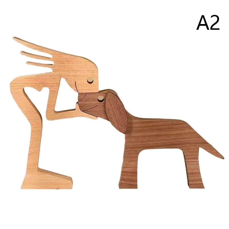 Family Puppy Wood Dog Craft Figurine Valentine's Day Gift Carving Model Home Office Decoration Christmas Gift Couple Decoration