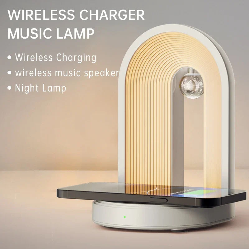 3 in 1 Charger Station with Wireless Phone Charger, LED Night Light, Bluetooth Speaker,Portable Dimmable Music Speaker Charger T