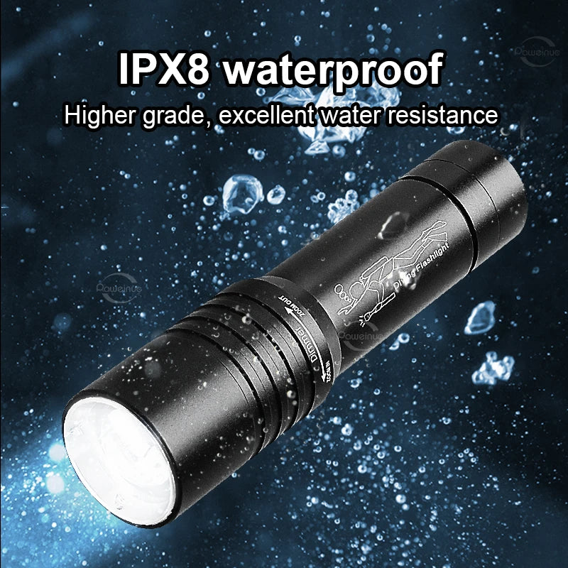 Powerful LED Diving Flashlight Zoomable Underwater Torch  Professional Diving 300M Dive Lights IPX8 Waterproof Fishing Lantern
