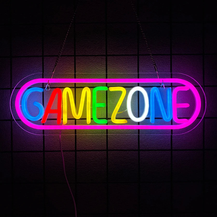 Game Zone Neon Sign, Gamepad Shaped LED Neon Sign for Gamer Room Decor, Game On Neon Sign for Boys Home Decor, 5V USB Powered