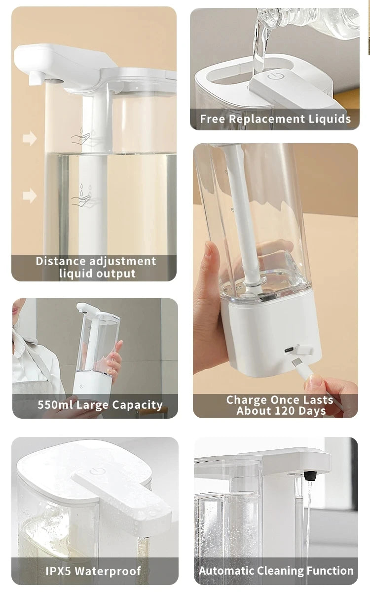 550ML Touchless Liquid Automatic Smart Sense Soap Dispenser Type-C Rechargeable/Battery Electric Hand Sanitizer Washing Machine