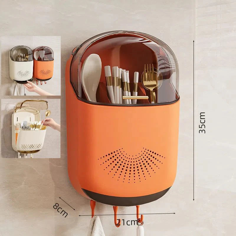 Kitchen Cutlery Storage Box Wall Mount Tableware Storage Holder with Lid Dustproof Spoon and Chopstick Organizer Drain Racks