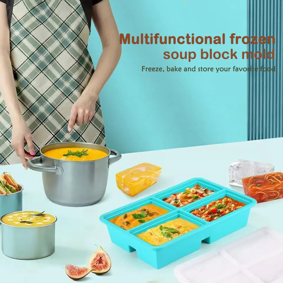 Silicone freezer tray with lid, 1 cup soup capacity refrigerator ice cube tray oven, suitable for freezing broth and leftovers