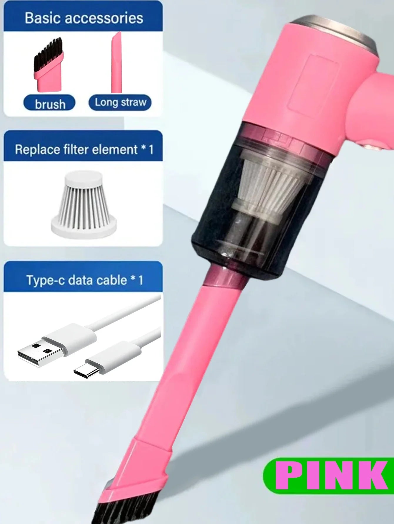 Mini pink vacuum cleaner, USB charging, strong suction power, portable, mini and powerful household appliance air cleaner