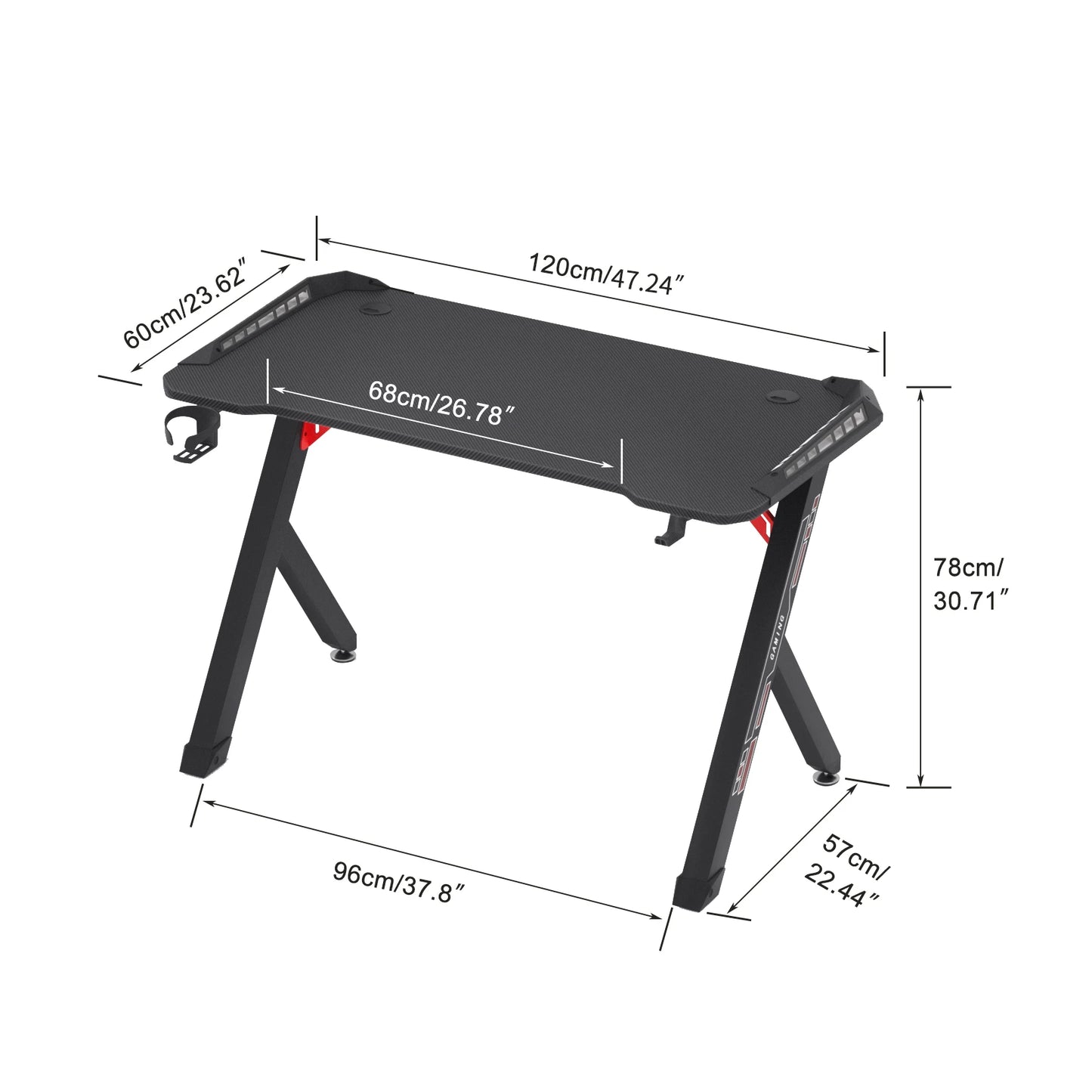 100cm/120cm RGB Gaming Desk Computer Table with LED Lights and Cup Holder