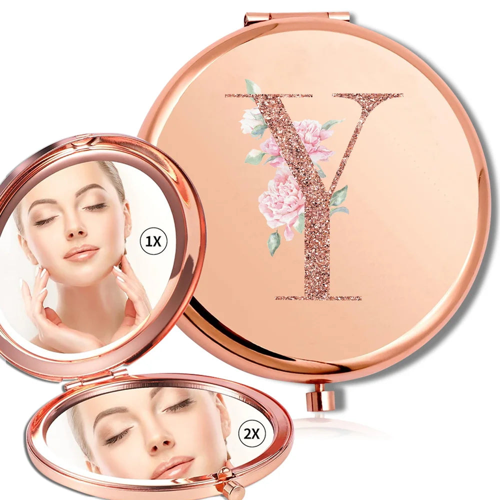 Magnifying Makeup Round Mirror Double Sided Metal Cosmetic Portable Look Glass Compact Handheld Mirror Rose Gold Letter Pattern