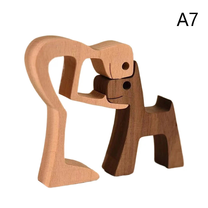 Family Puppy Wood Dog Craft Figurine Valentine's Day Gift Carving Model Home Office Decoration Christmas Gift Couple Decoration
