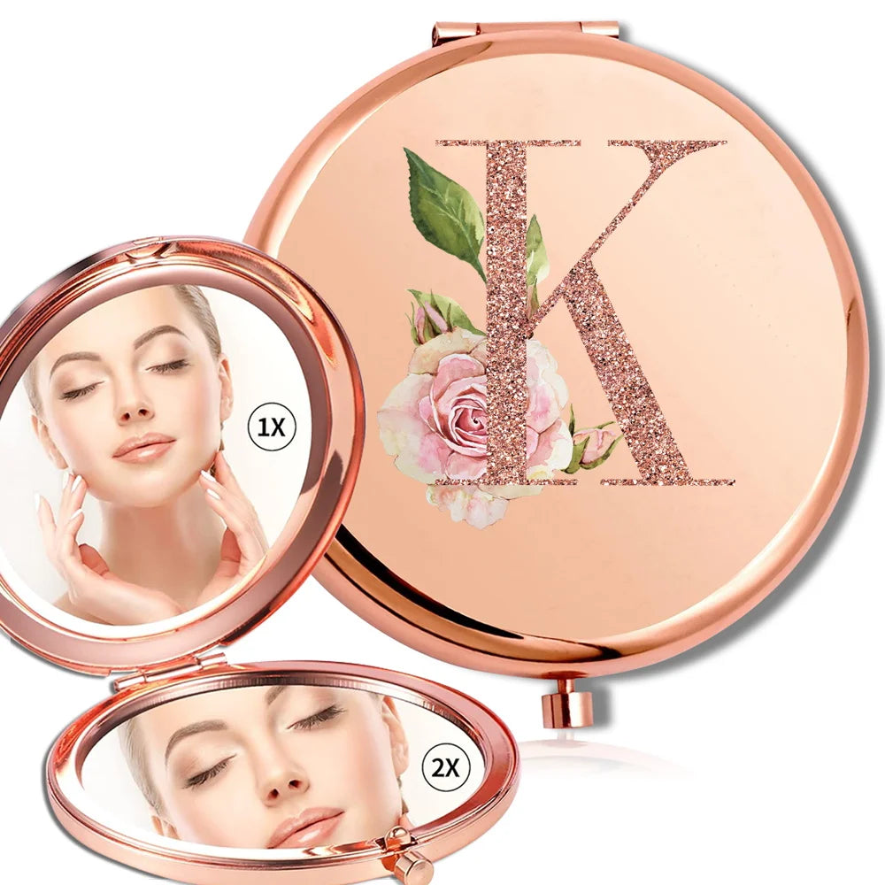 Magnifying Makeup Round Mirror Double Sided Metal Cosmetic Portable Look Glass Compact Handheld Mirror Rose Gold Letter Pattern