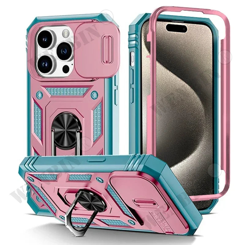 Case For iPhone 17 Pro Max 16 15 14 13 Pro Max 16E Heavy Duty With Camera 360 Degree Kickstand Cover Capa Fundas