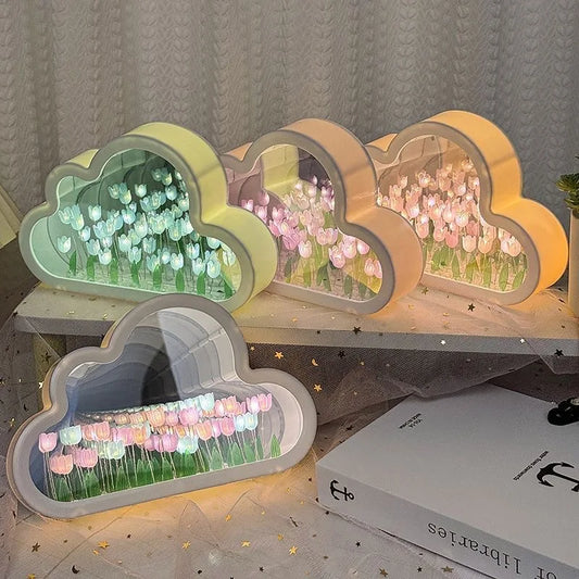 LED Night Light Mirror Table Lamp Bedroom Decor Lights New Handmade DIY Tulip Flower Sea Night Atmosphere Lamp Clouds Tulip Lamp