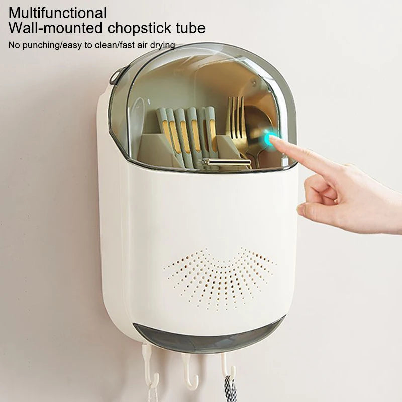 Kitchen Cutlery Storage Box Wall Mount Tableware Storage Holder with Lid Dustproof Spoon and Chopstick Organizer Drain Racks