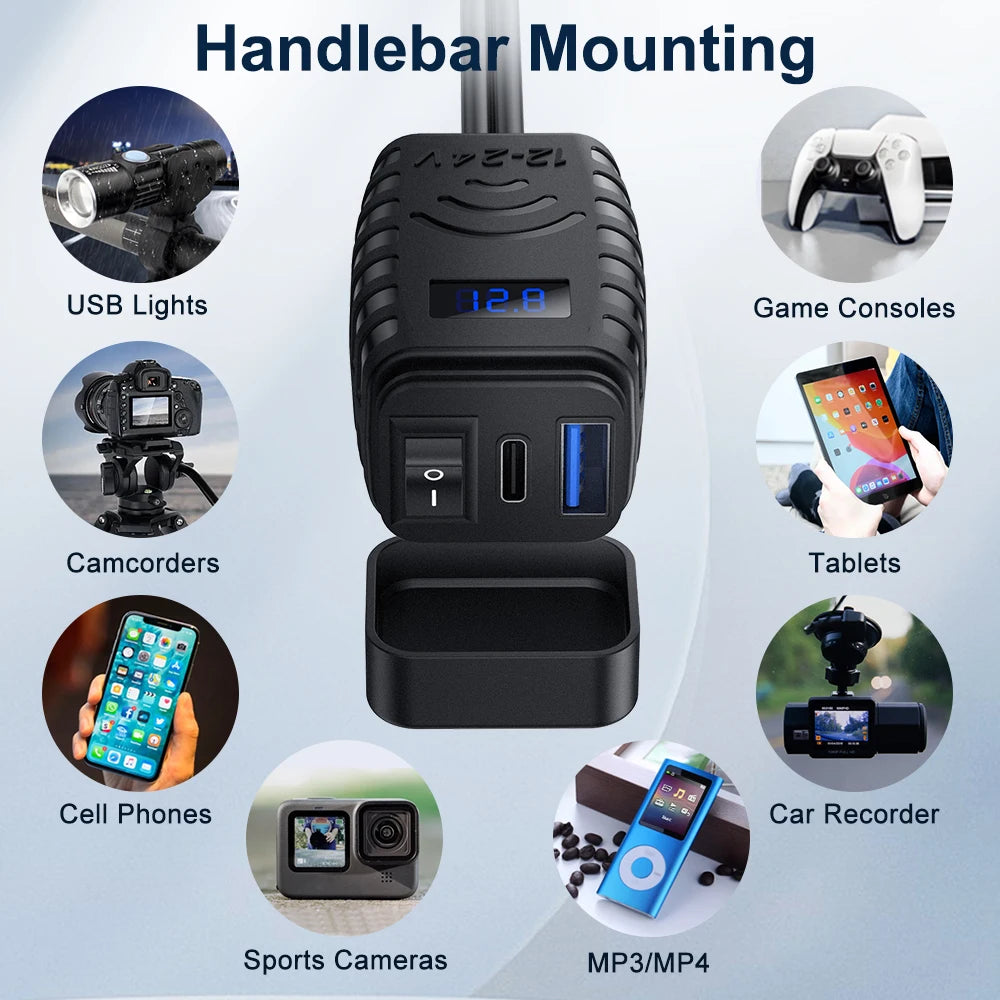 Motorcycle Phone Charger 48W Waterproof Motorcycle USB Charger Socket with Voltmeter & ON/Off Switch for Phone, Tablet, GPS