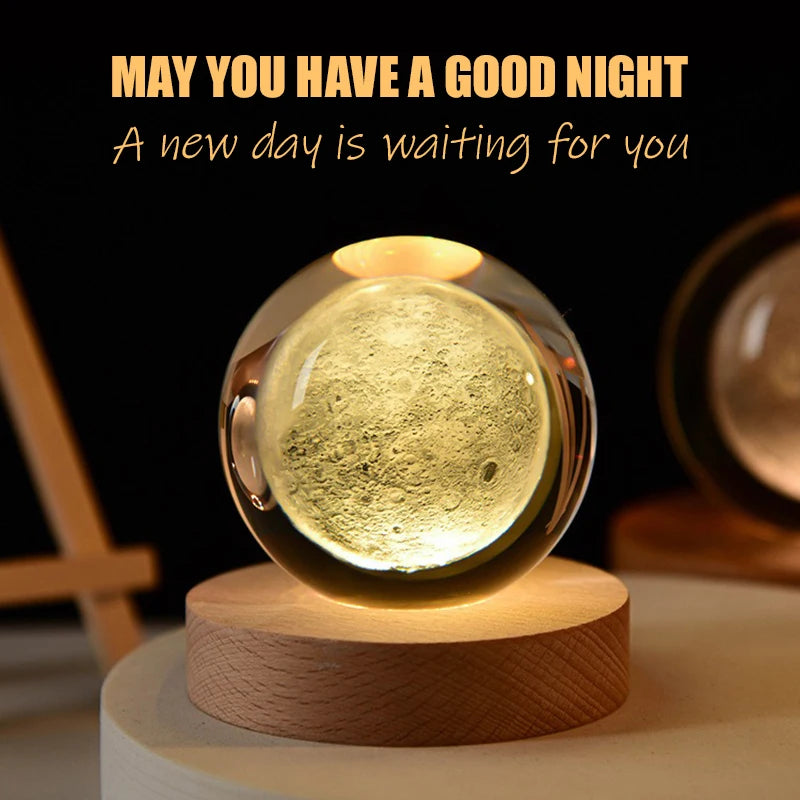 3D Crystal Ball LED Warm Night Light Wooden Base Laser Engraved Solar System Globe Galaxy Birthday Gift Home Desktop Decoration